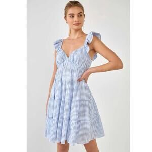 English Factory Women M Gingham Printed Tiered Mini Dress Cottagecore Blue Plaid